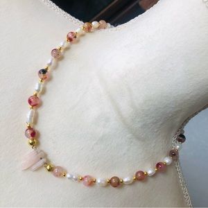 Handcrafted genuine pink quartz pink tourmaline pearl opalite stone necklace